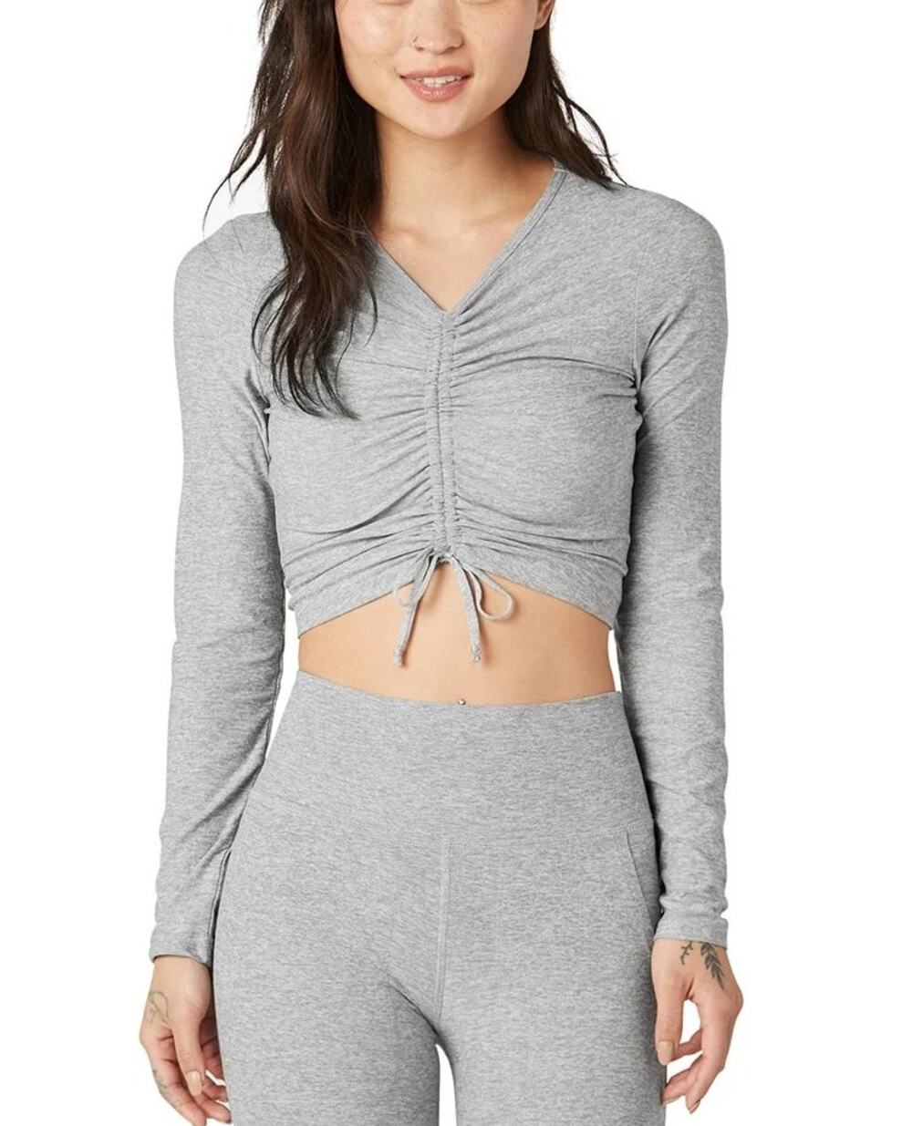 Beyond Yoga Featherweight Scrunch It Up Cropped Top Small Gray Barre Pilates